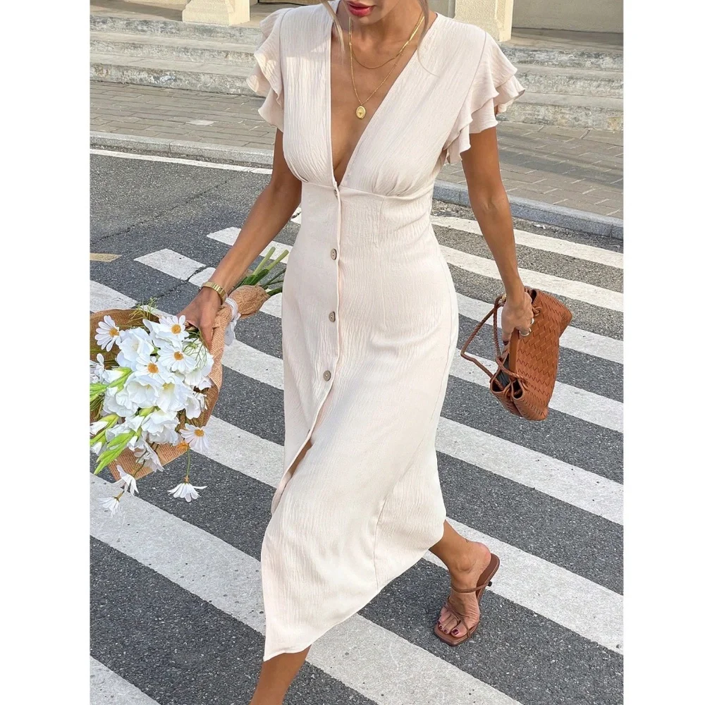 Beige Midi Dress V-Neck Ruffle Sleeve Button Through - Picture 4 of 9